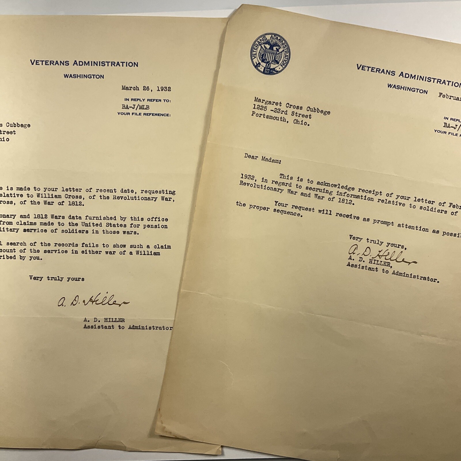 1932 Portsmouth Ohio Veterans Administration Letter Revolutionary War Soldier
