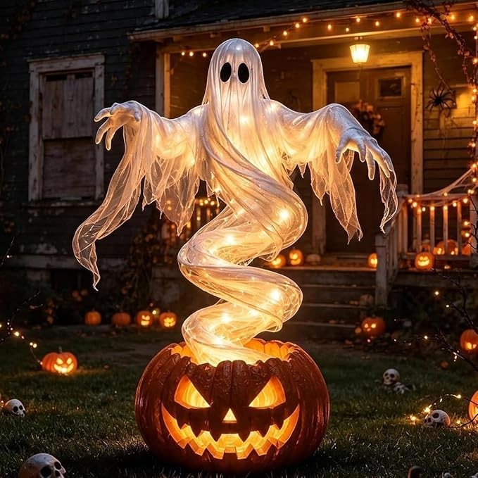 LED Swirling Ghost Pumpkin Yard Lamp | Lighted Halloween Garden Decor, Outdoor