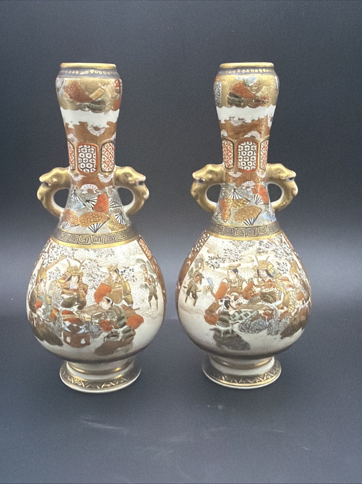 Antique Japanese Satsuma Meiji Pair Samurai Vases Elephant Handles Gilt 7.25”