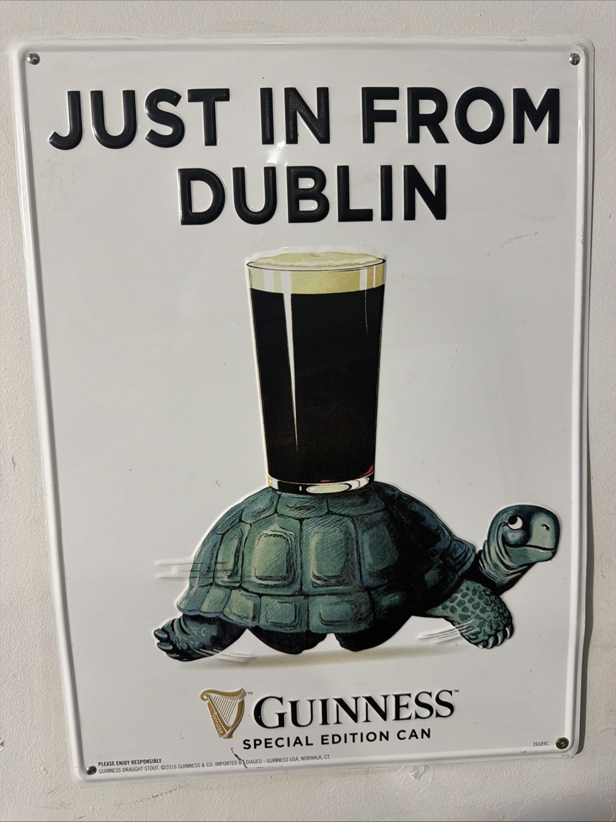 Large Guinness Beer Pub Metal Sign 19 x 14” Just in from Dublin, Turtle *Genuine