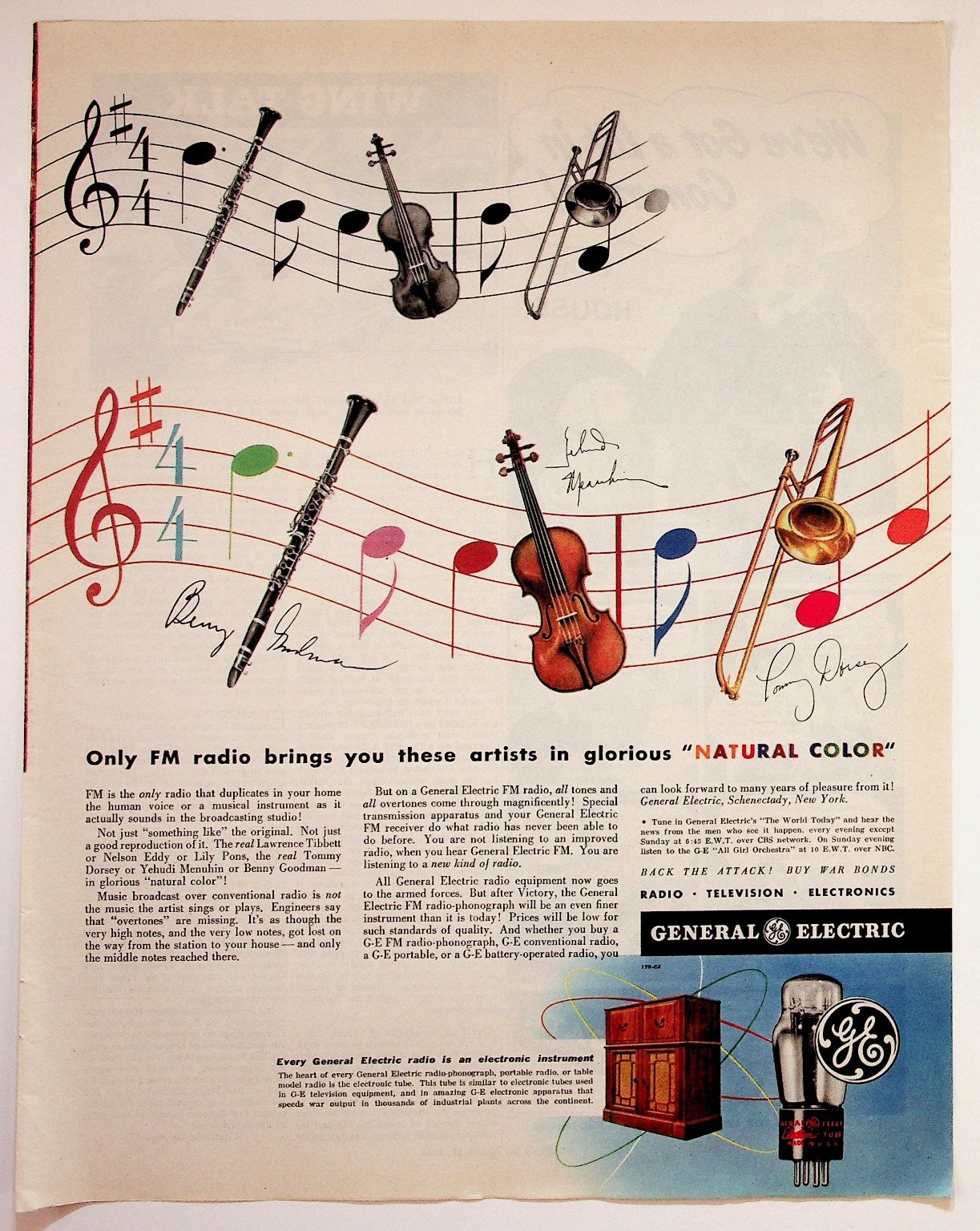 1940s General Electric FM Radio Ad WWII Music Benny Goodman Tommy Dorsey