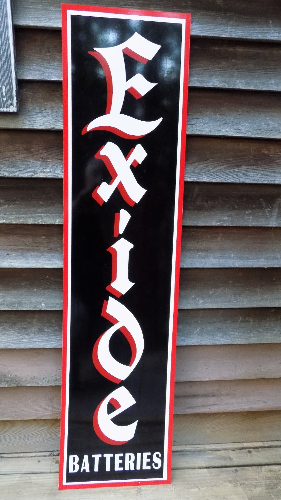 C.1930'S EXIDE BATTERIES 1'X46'' 3 COLOR METAL DEALER/SERVICE SIGN-GARAGE ART