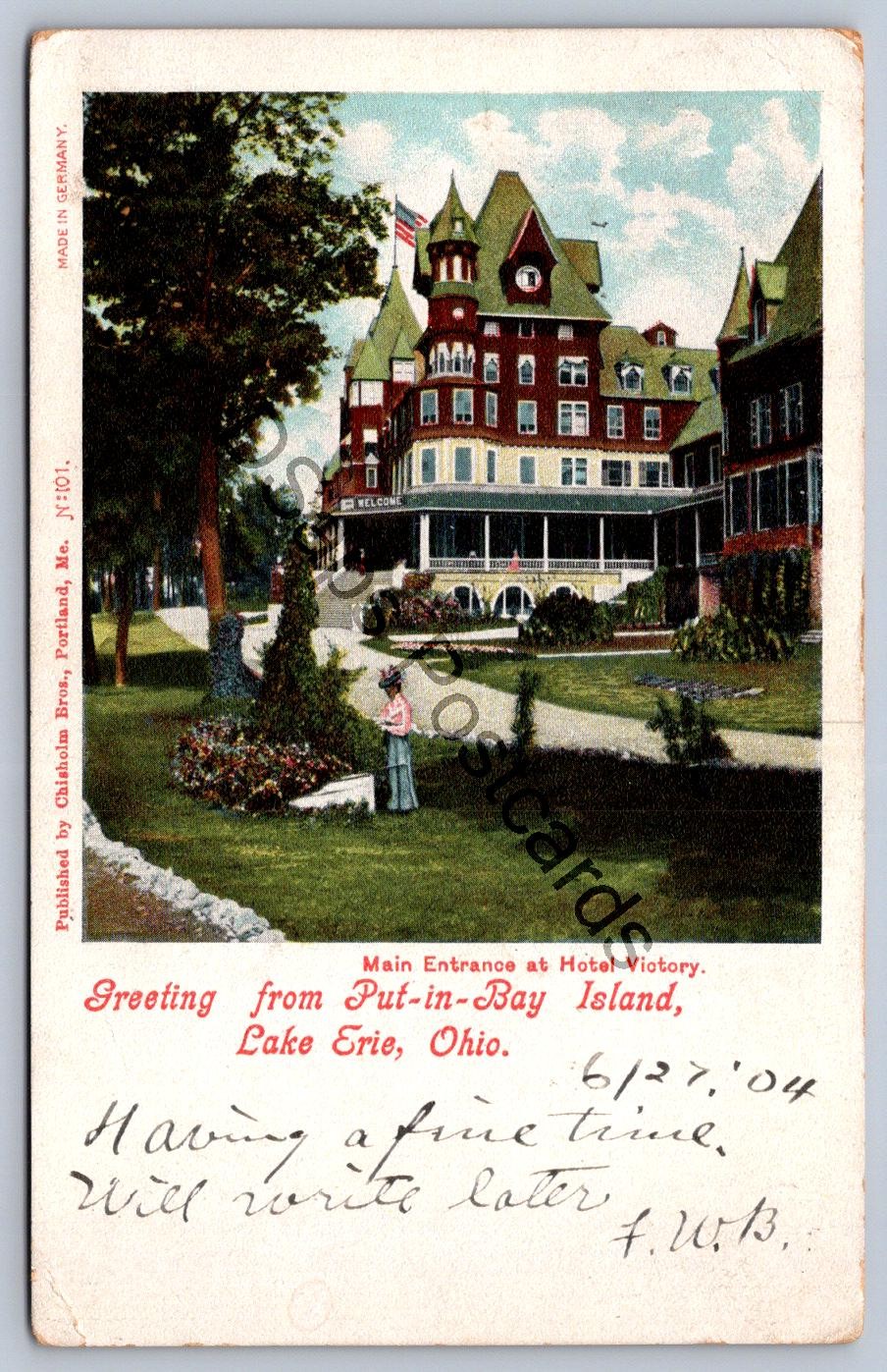 K55/ Put-In-Bay Ohio Postcard c1910 South Bass Island Hotel Victory Woman 384