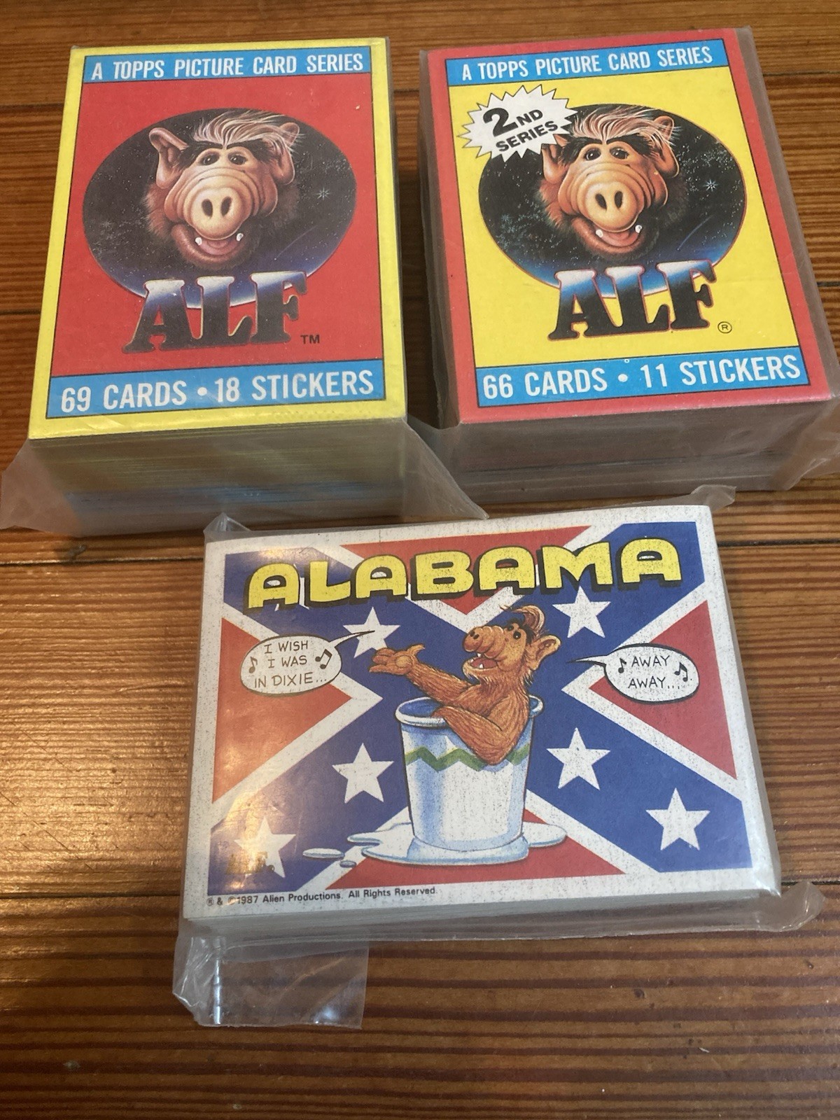 3 1987 Topps ALF Series 1 &2 US of complete sets (135 cards, 29 stickers) NM/MT