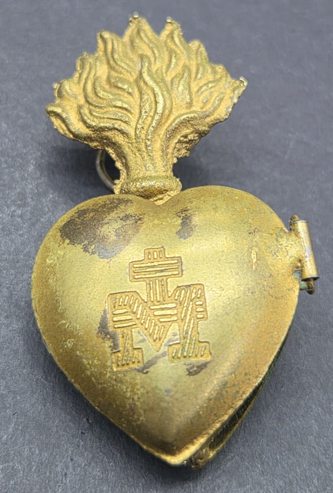 Antique Ex Voto, Sacred Heart, Gold Gilt Brass Locket. Brass, Original Patina