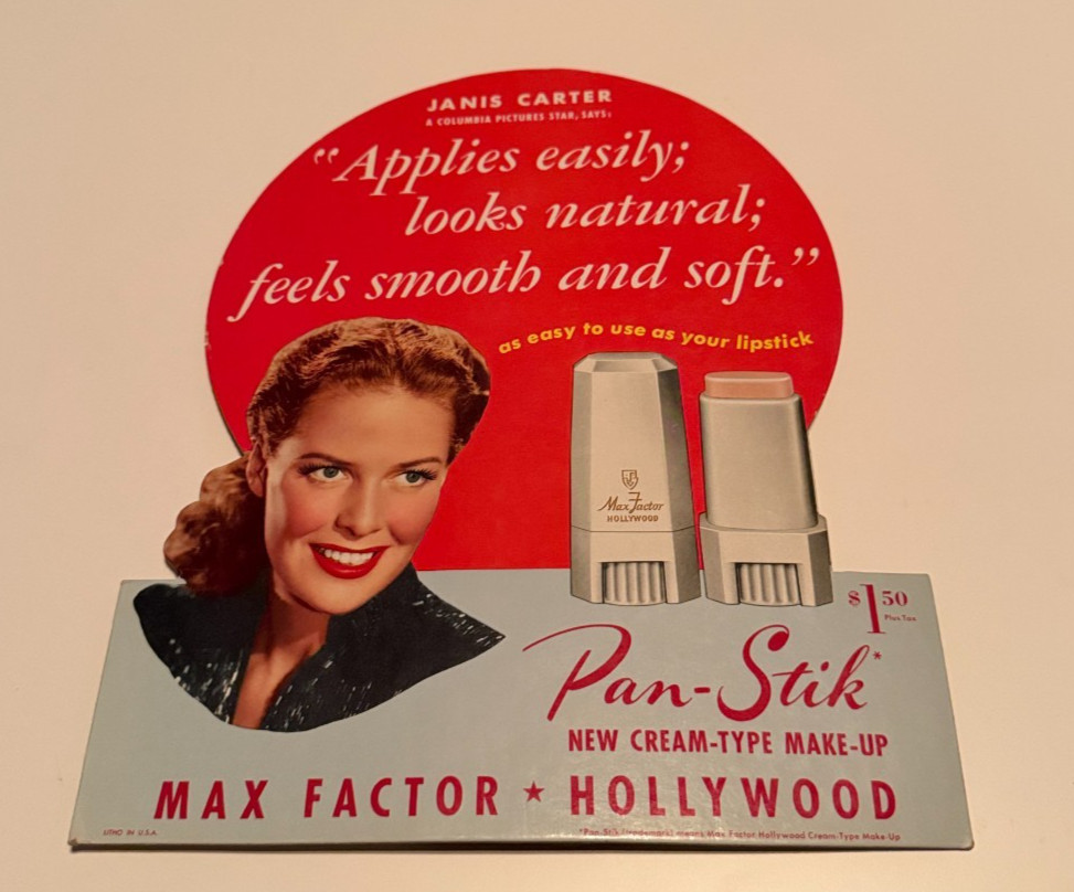 Vintage 1940s Max Factor Hollywood Pan-Stik Sign Janis Carter Makeup Display