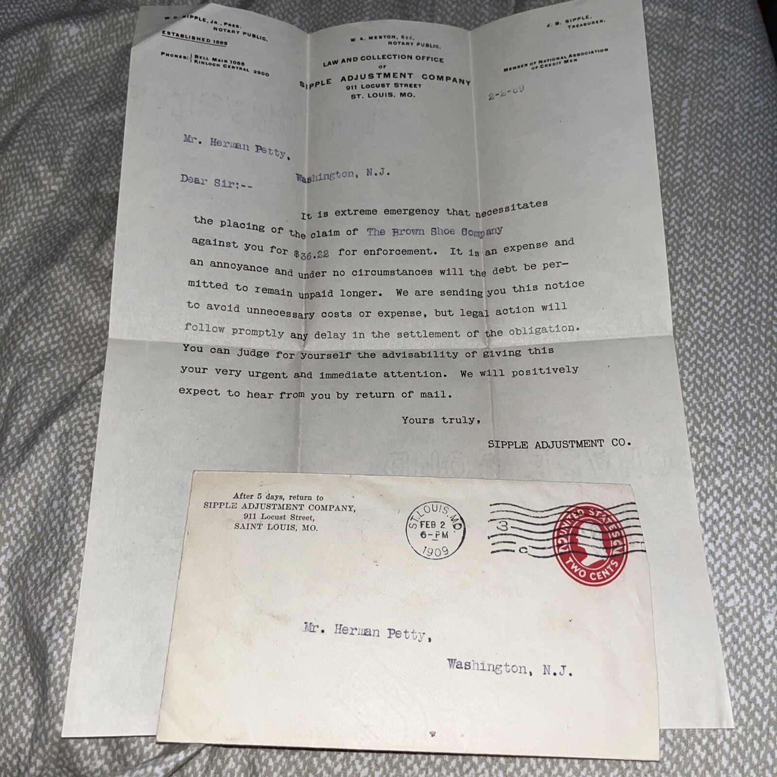 Antique 1909 Debt Collection Letter: The Brown Shoe Company - Payment Demand