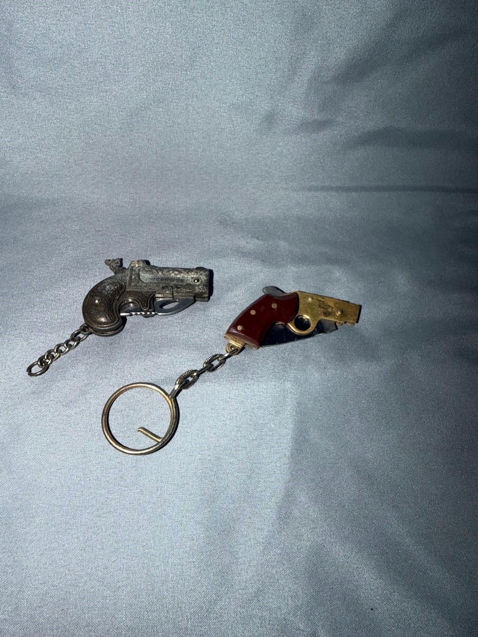 2 Vintage Pistol Gun Folding Pocket Knife Keychains