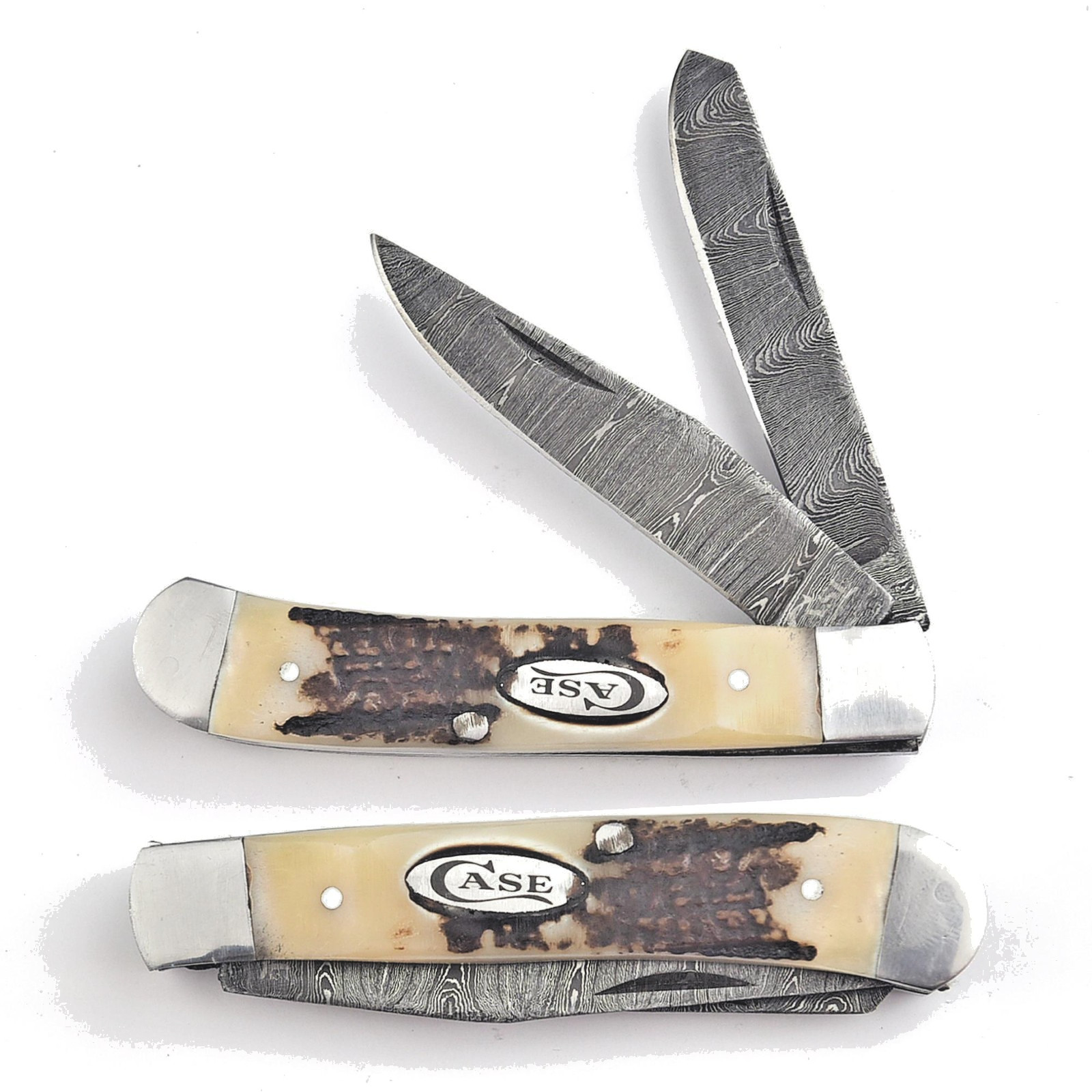 Trapper Pocket Knife – STAG ANTLER Handle –Dual Blade–Damascus Steel Folding-USA