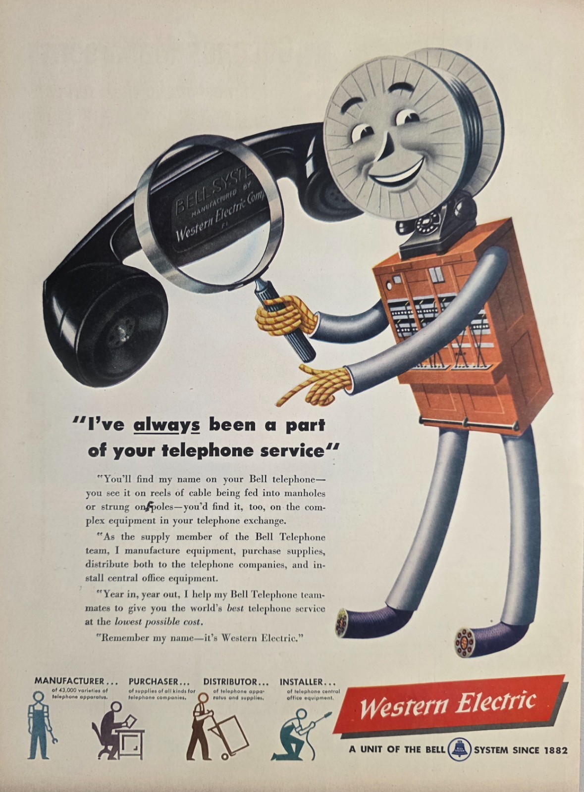 1947 Print Ad Western Electric Telephone Character Holds Magnifying Glass Bell