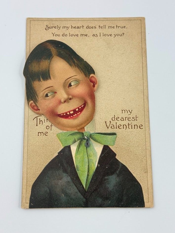 Vtg Victorian Mechanical Valentine Card Die Cut Trading Moves Head Postcard I22