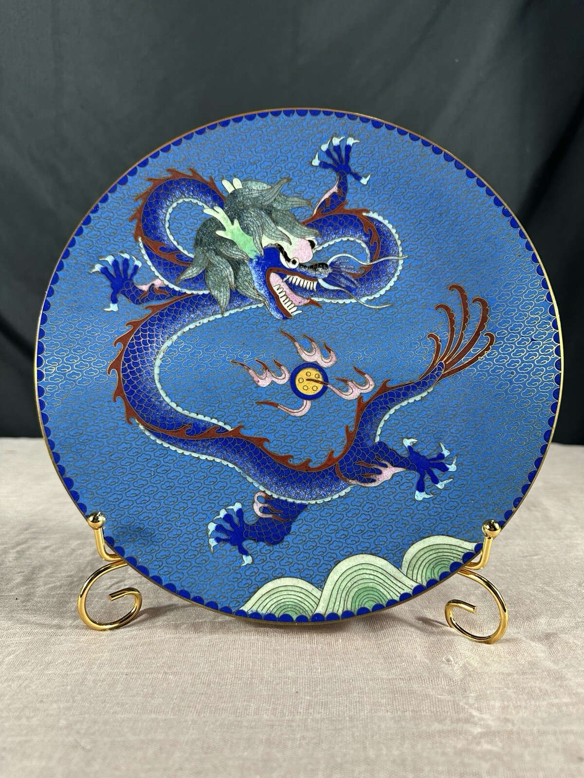 Antique 10″ Fengshui nobel copper Cloisonne enamel dragon And Pearl blue  Plate