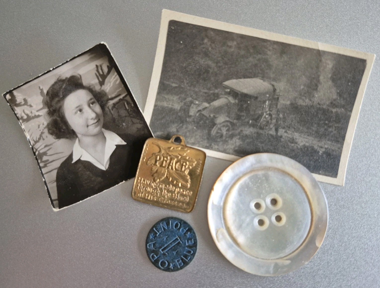 Vintage Found Treasures Trinket Lot Photos WWII Olga Shell Button Pendant Estate