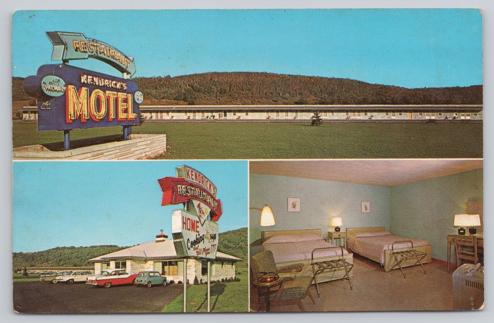 Vtg/Atq Post Card Kendrick's Motel & Restaurant Multi-View Classic Cars K354