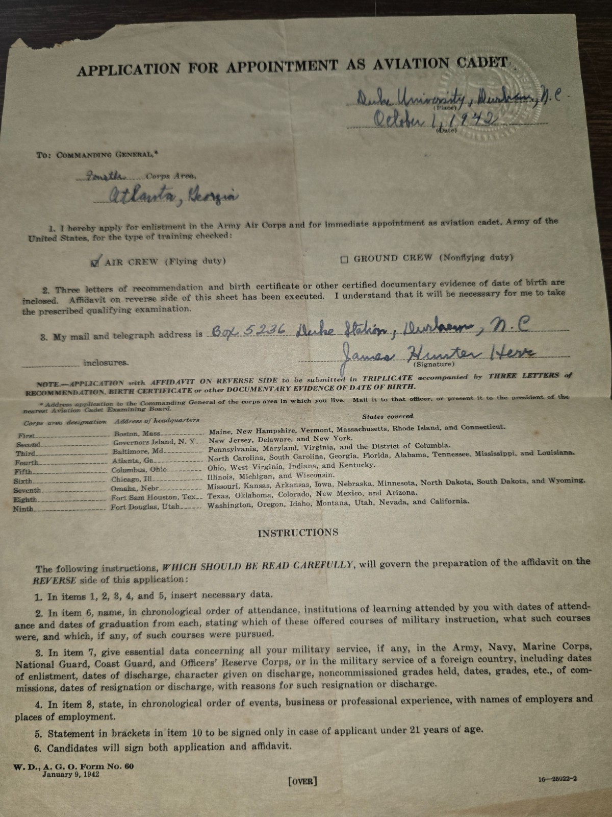 WWII Era USAAF Aviation Cadet Application Dated 1942.