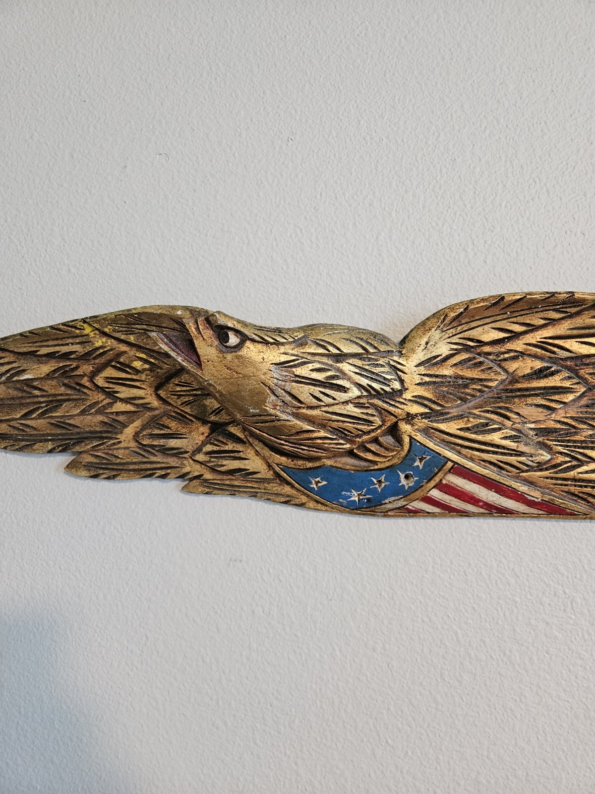 Vintage Hand-Carved Pine Wood Bellamy Style Patriotic American Eagle Sculpture