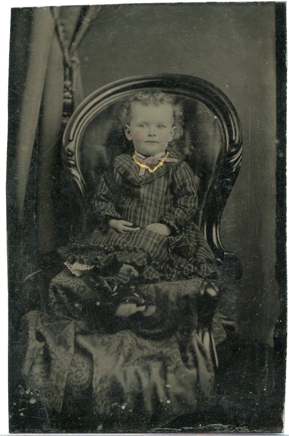 Child in Fancy Victorian Chair Tintype 1860s Nice Portrait CV054
