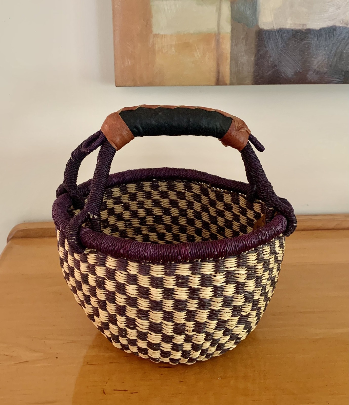 African Ghana Alaffia Bolga Basket Woven Grass & Leather Wrapped Handle 2016