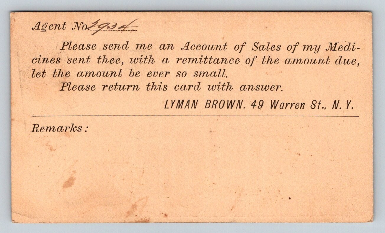 1870s US Postal Card Lyman Brown Medicines Athens PA Postmark Troy PA