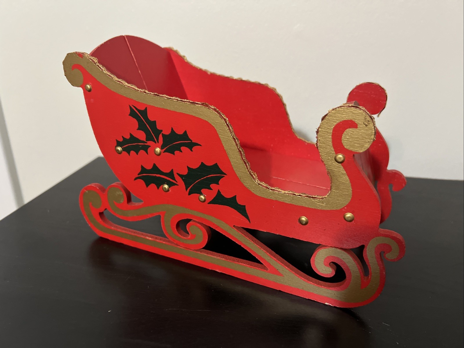 VTG BW Japan Wood Fold Up Red Gld Christmas Santa Sleigh Card Holder Collapsible