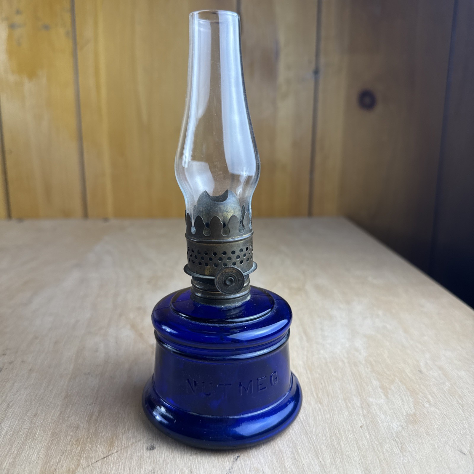 Antique Cobalt Blue Nutmeg Miniature Lamp-No Handle