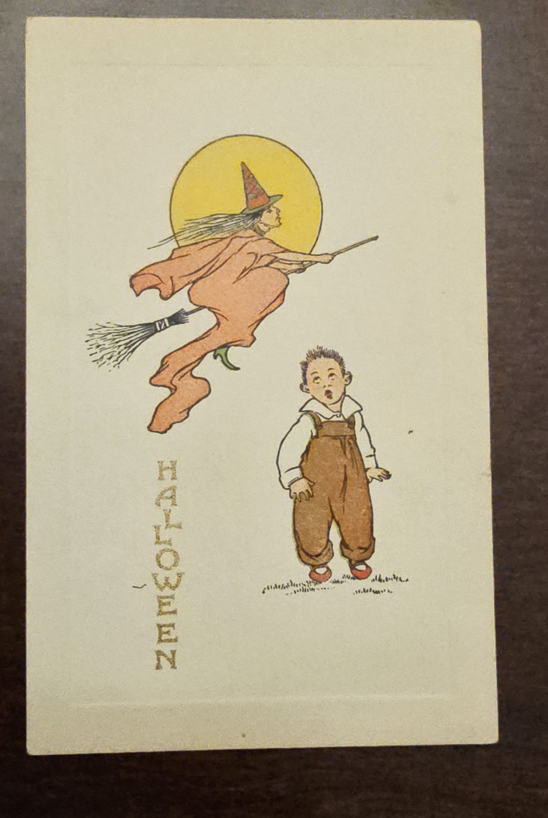 Vintage 1911 Halloween Postcard Witch on Broom Full Moon Boy