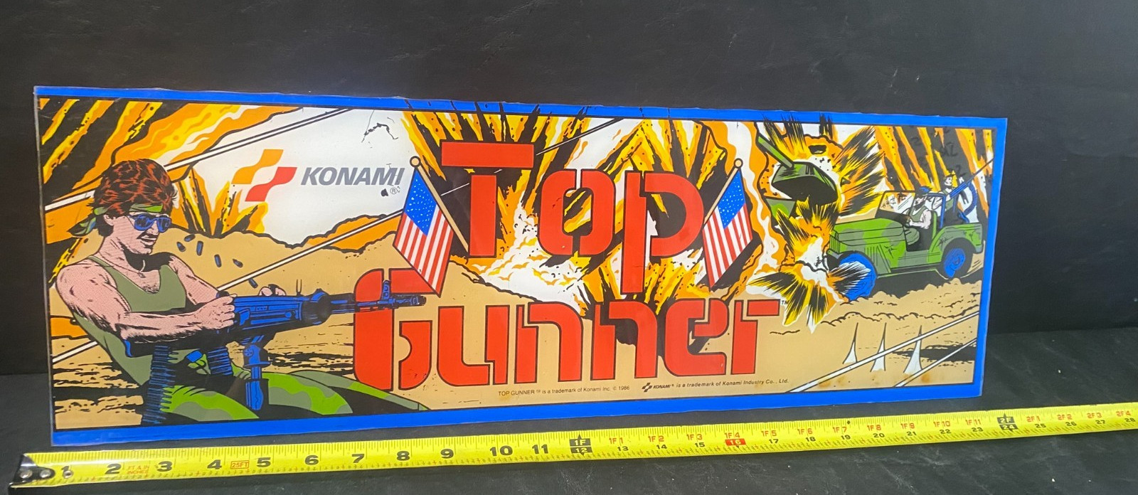 vintage Konami TOP GUNNER arcade game part plexiglass marquee 1986 title plate