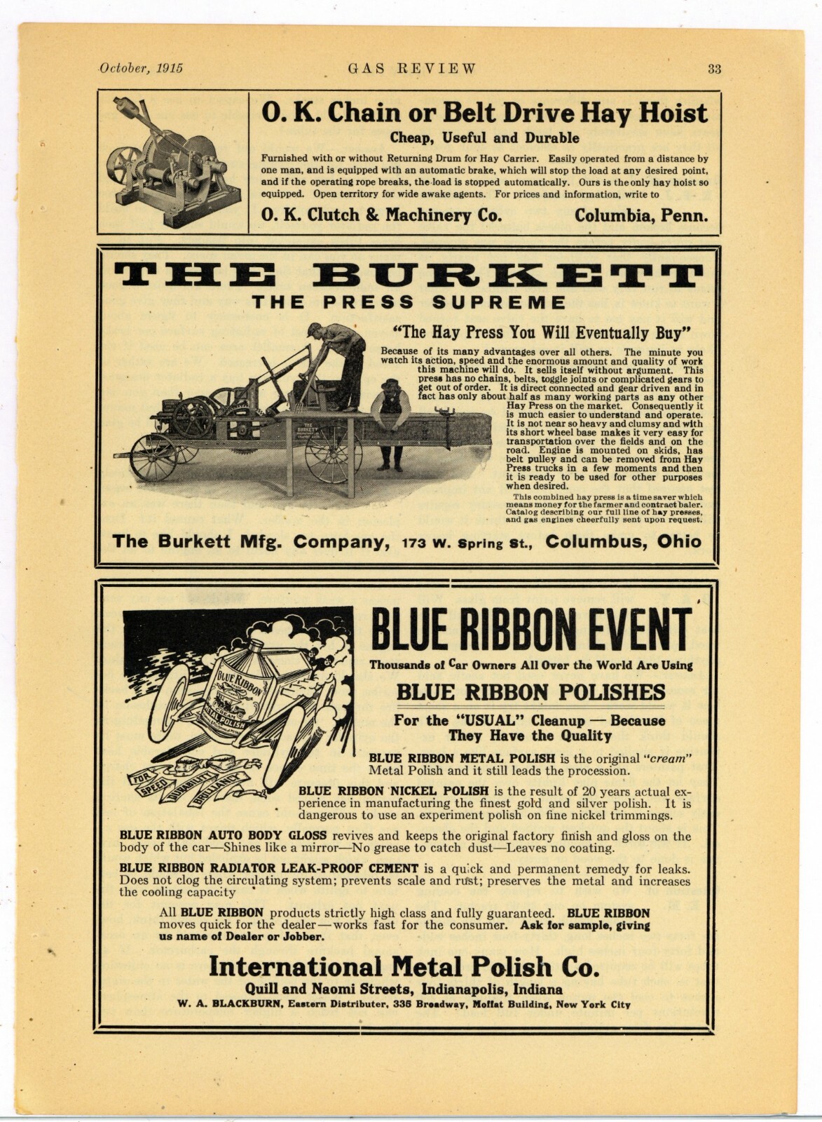 1915 Burkett Hay Press Ad: 