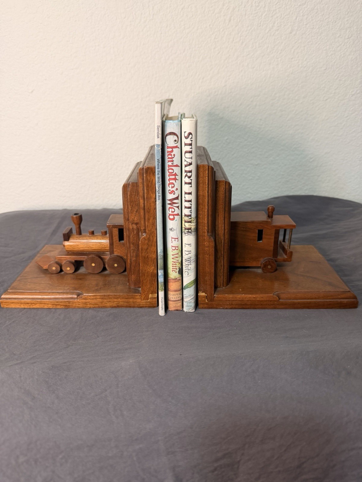 Vintage Handcrafted Wood Train Bookends Folk Art Locomotive Caboose Tunnel