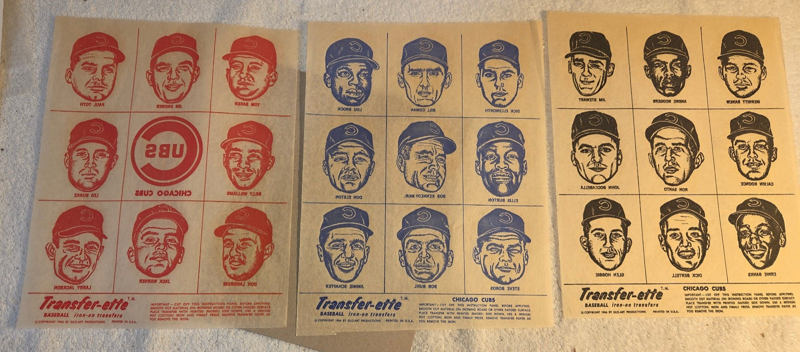 Vtg 1964 Chicago Cubs Transfer-ette Iron-on Transfers 3 Sheets Many HOF Players