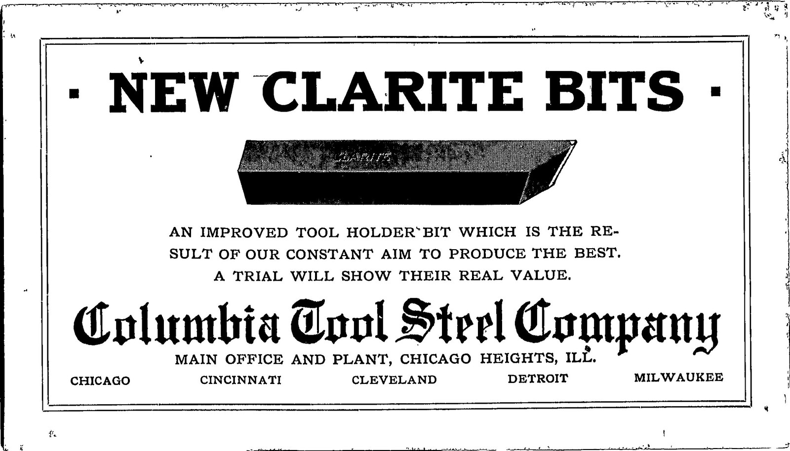 Vintage Columbia Tool Steel Co. CLARITE BITS Advertising Blotter Industrial Tool