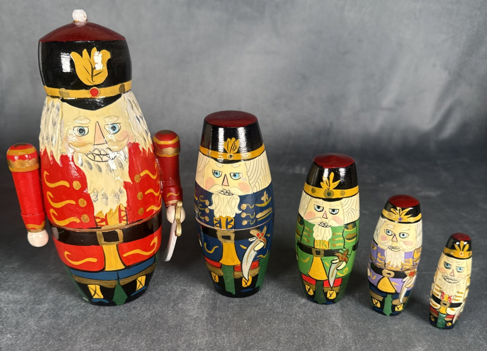 Vintage 1993 Lillian Vernon Nesting Nutcracker Soldiers 5 Pc Wooden Set Box