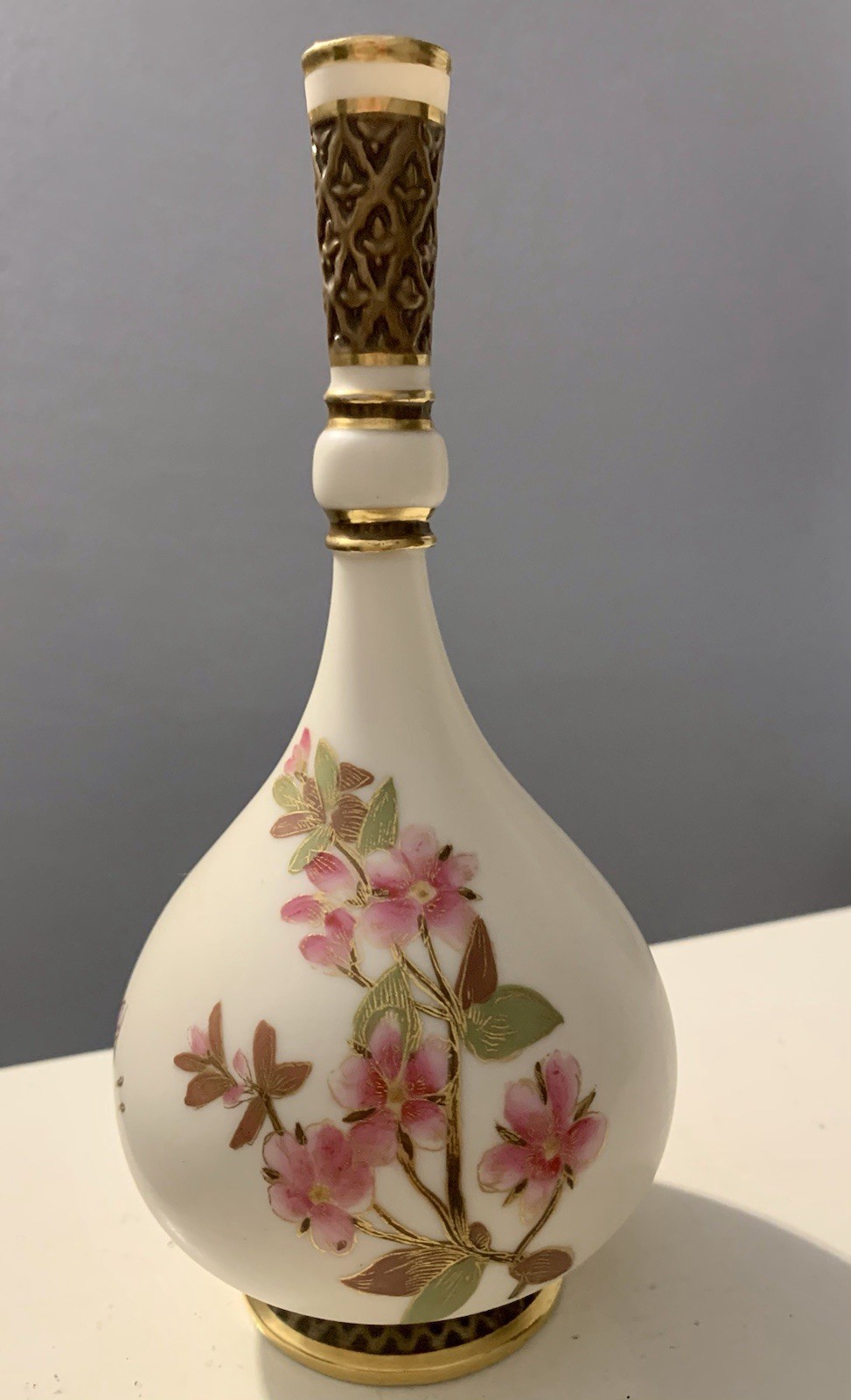 RARE Antique Royal Worcester Blush Ivory Bud Vase 1890 Hand Painted Floral Gilt.