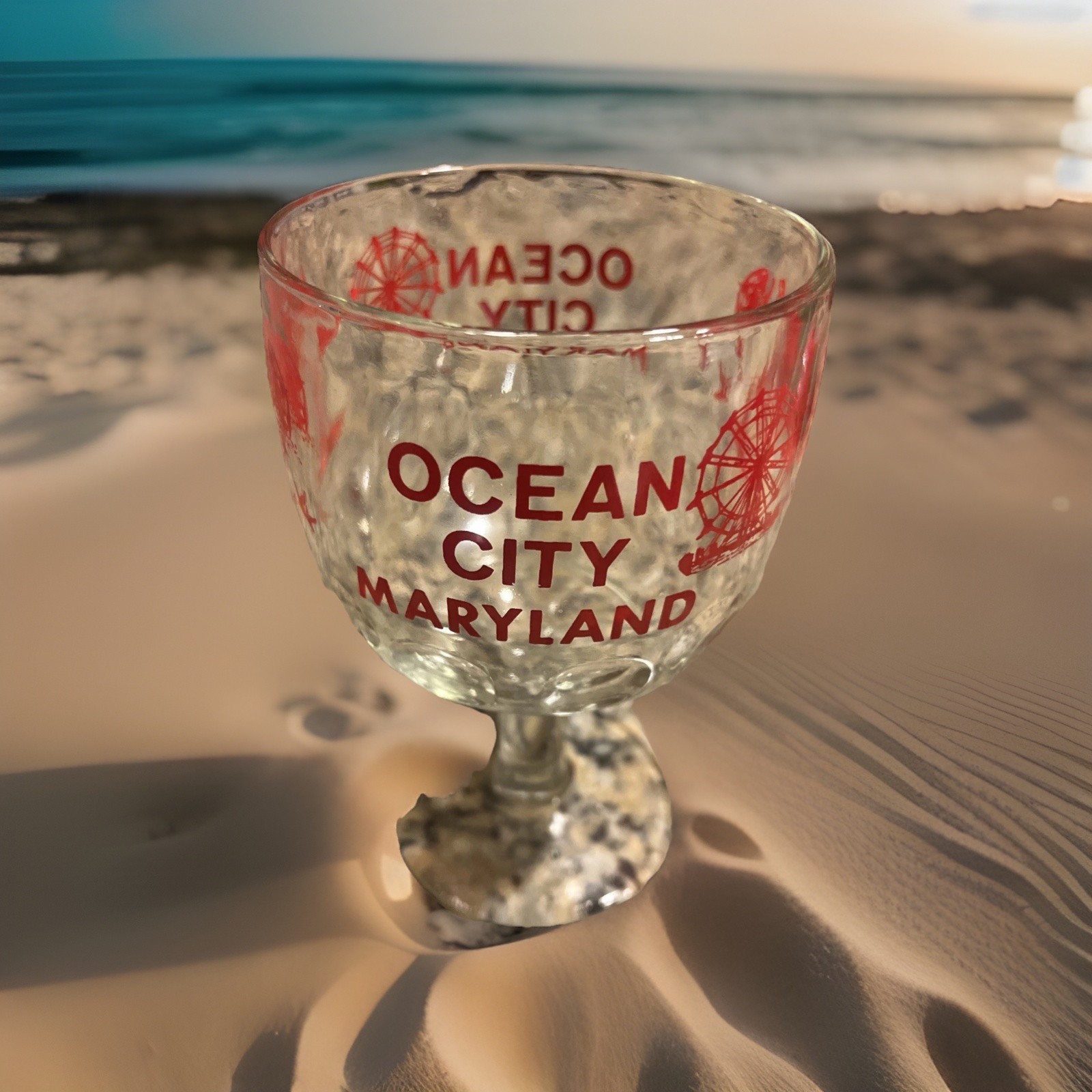 VINTAGE OC OCEAN CITY Glass Beer thumbprint goblet  Amusements decorated 