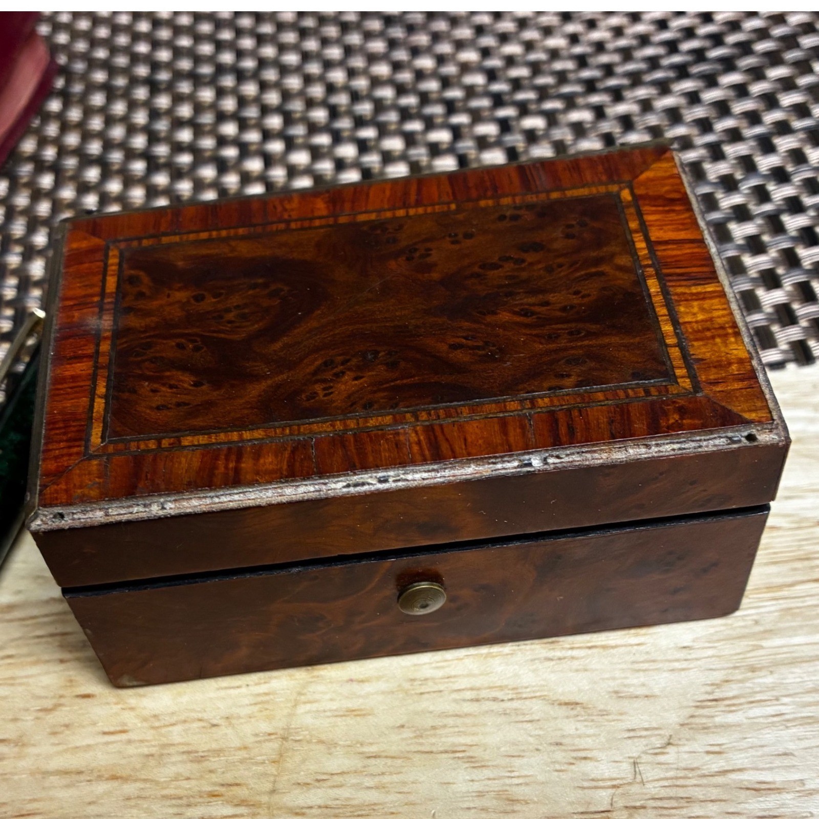 Vintage Burl Wood? Trinket Box Inlaid Lid Small Keepsake Box with Ephemera