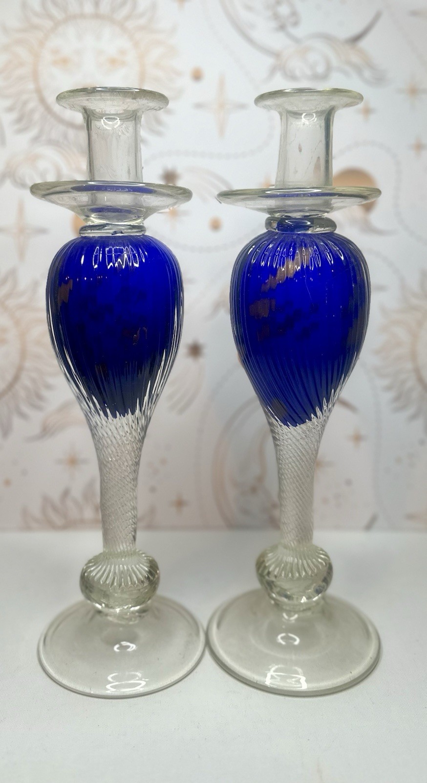 Pair Vincenzo Nason Murano Clear Glass Blue Gold Adventurine Candle Holder 14\