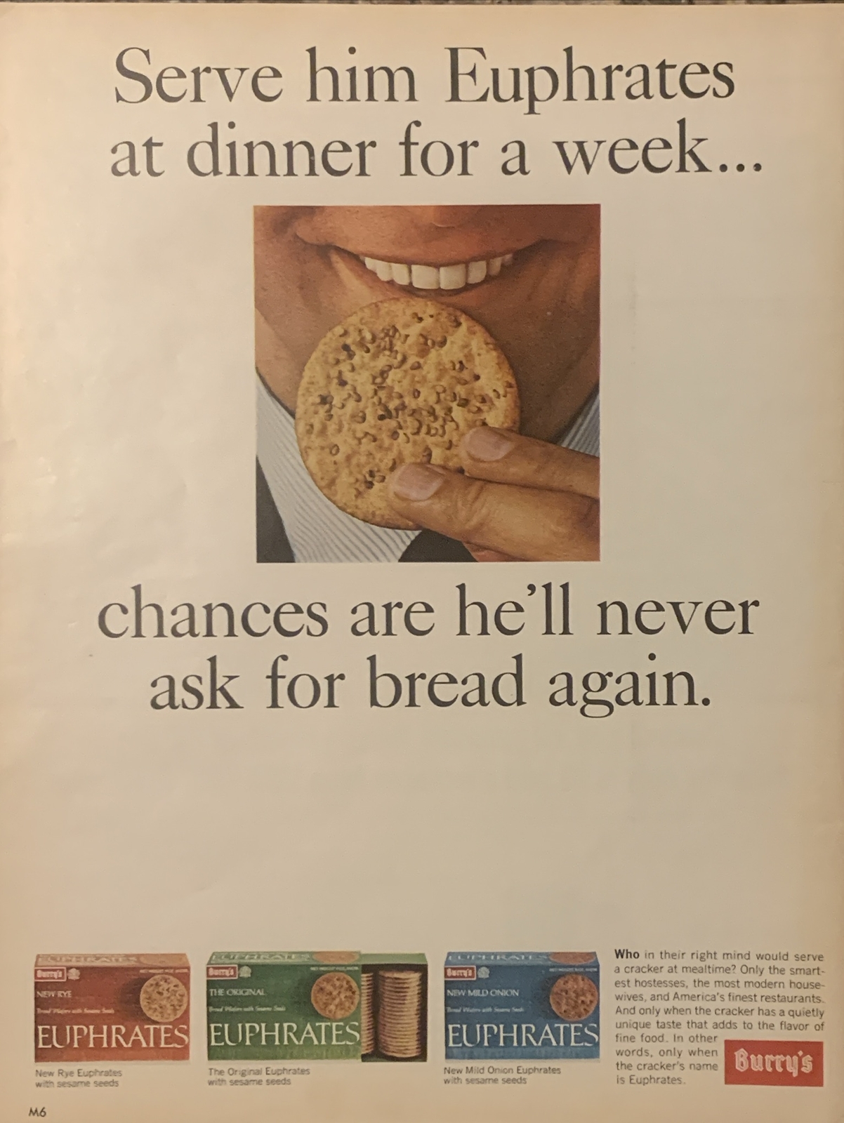 1965 Burrys Euphrates Bread Wafer Crackers VTG 1960s PRINT AD Serve Dinner Side