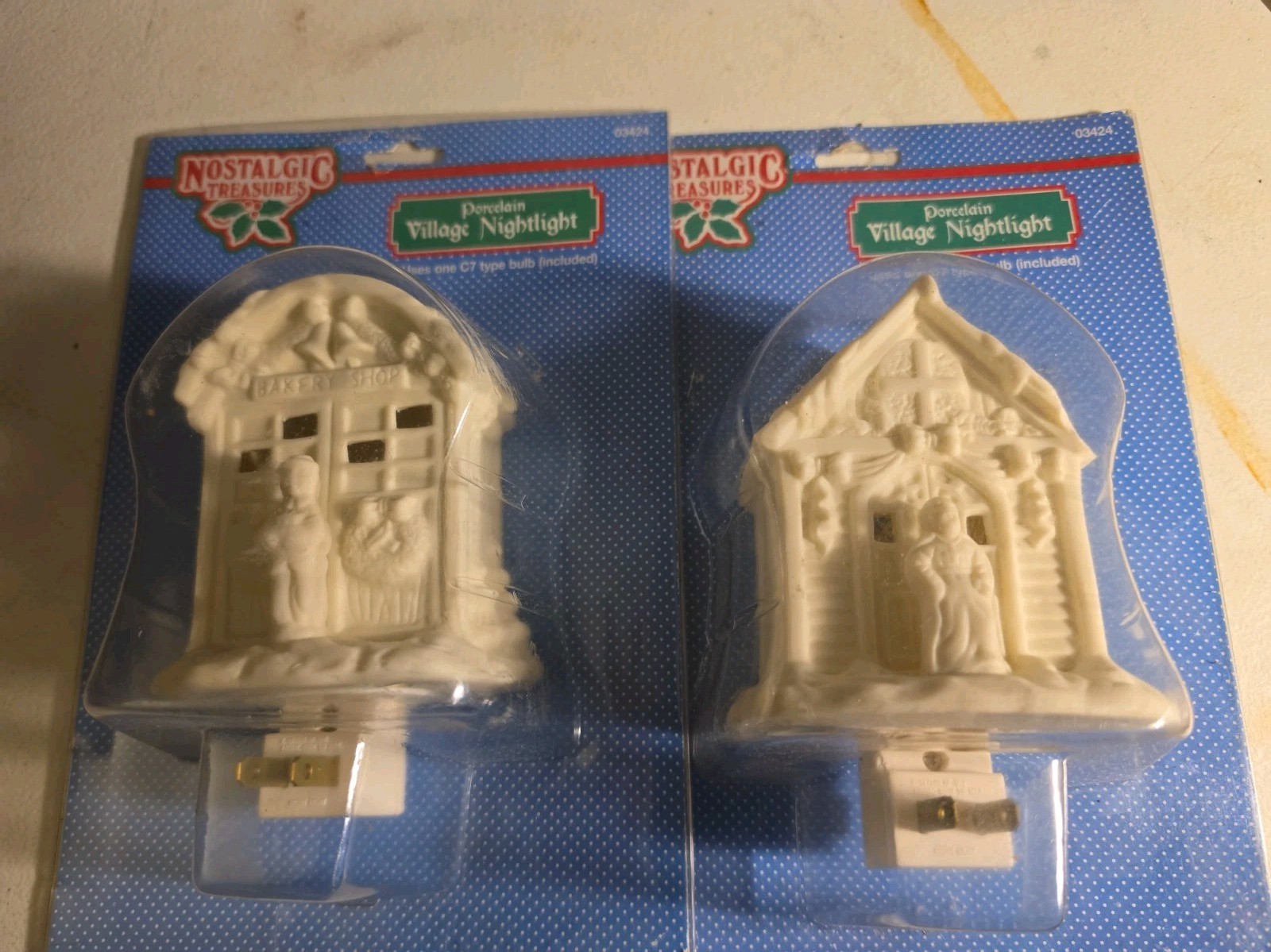 Lot of 2 Vintage Nostalgic Treasures Porcelain Village Nightlight Bakery Church