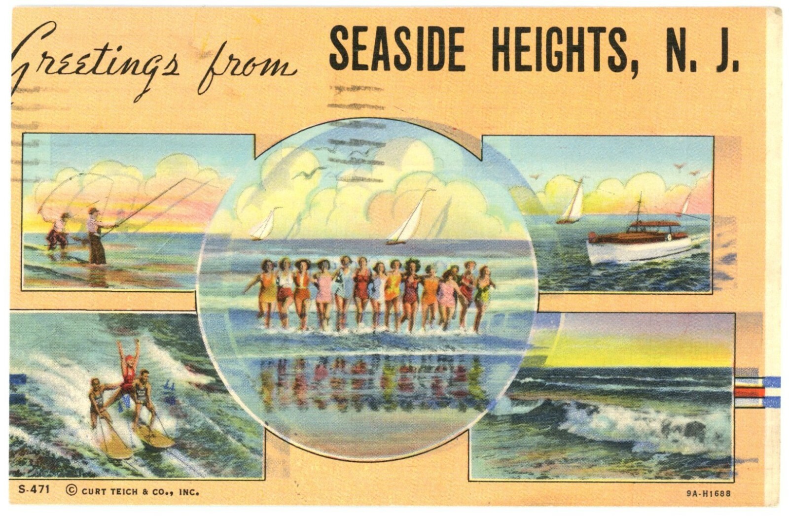 Seaside Heights NJ Multi-View Beach Scenes Linen Postcard 1947 Posted Curt Teich