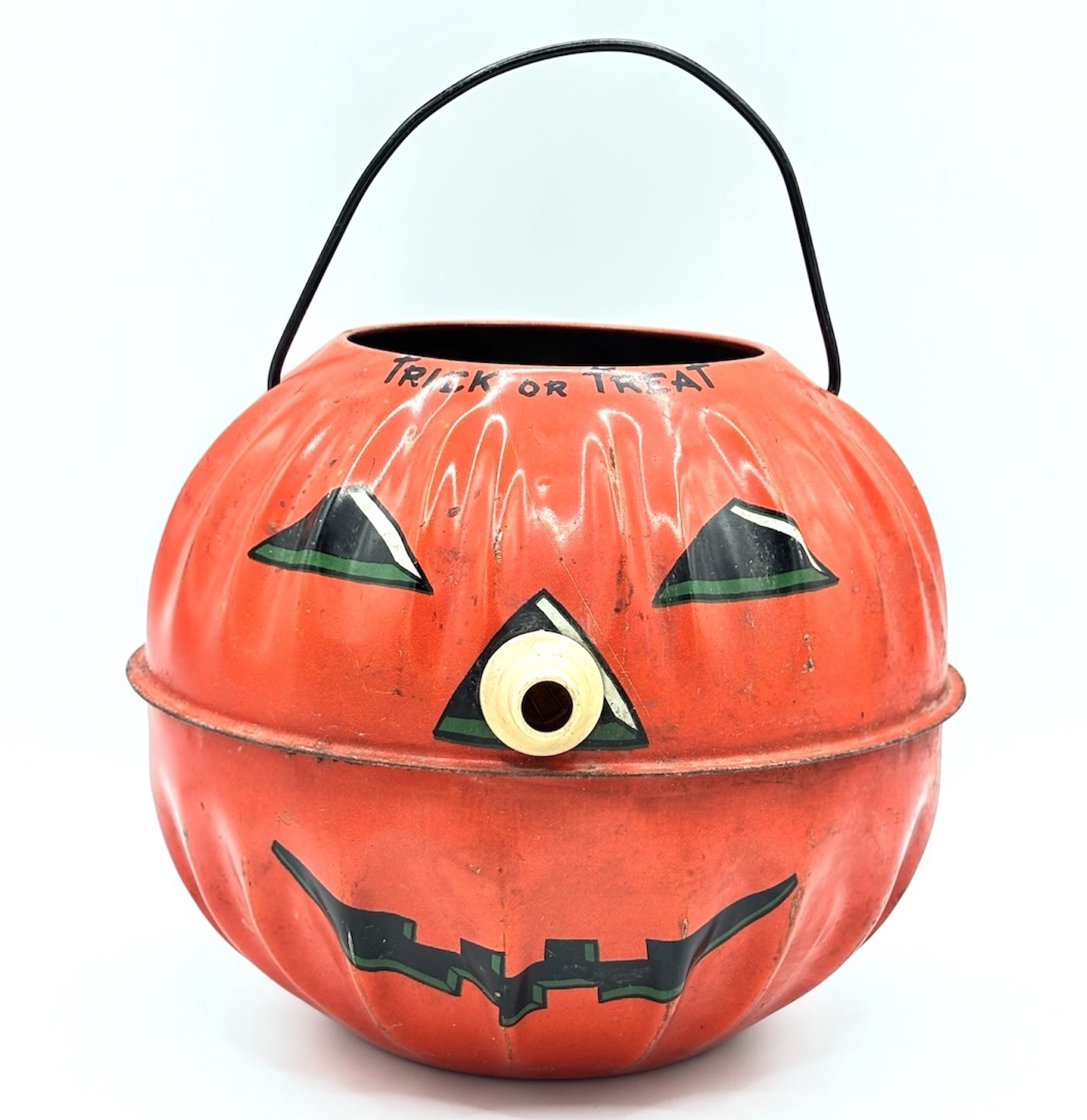 Vintage 1950s Halloween Jack O Lantern Pumpkin MFG CO US Metal Toy Litho