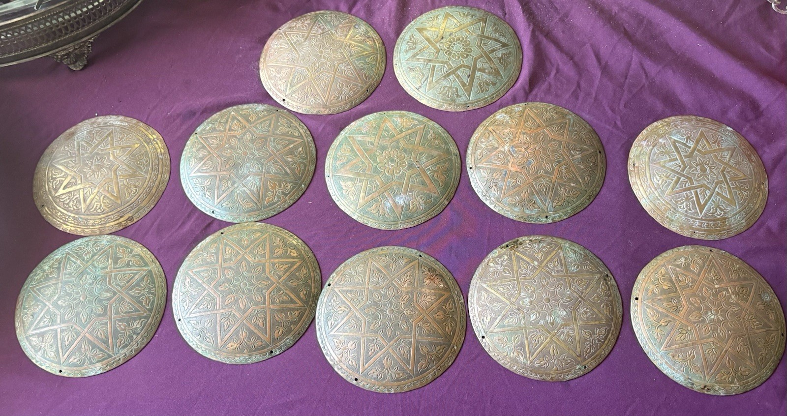 Vintage Moroccan / Persian Handed Etched Brass Wall Plaques Small Lot Of 12