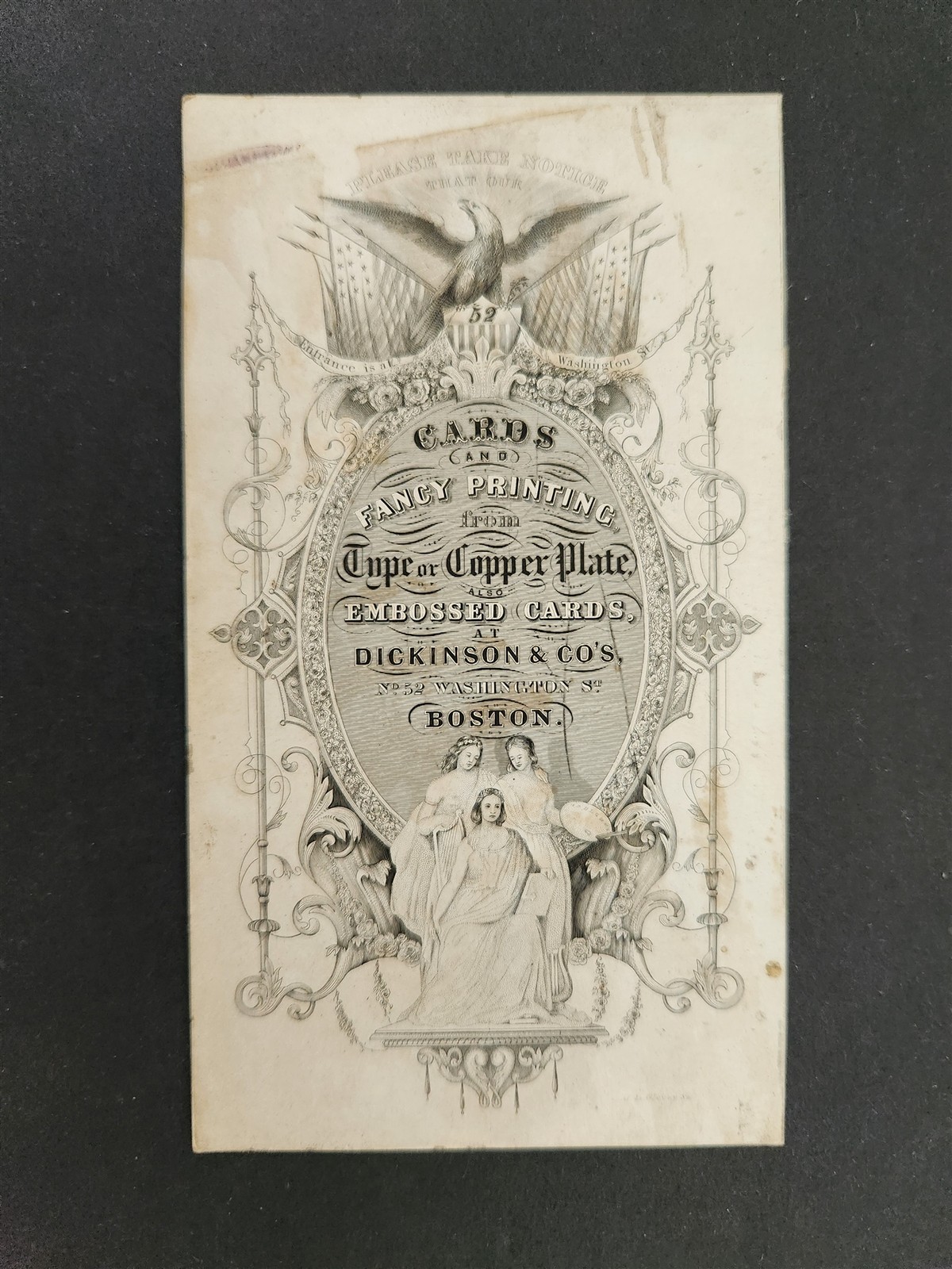 1850s antique DICKINSON & Co CARD boston ma AD BUSINESS TRADE CARD washington st
