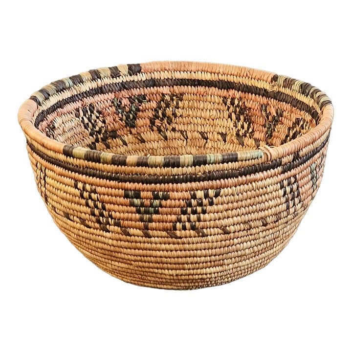 Vintage Native American Style Handwoven Coiled Basket With Geometric Design.