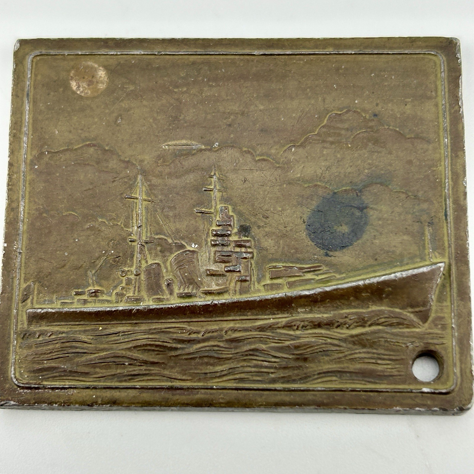 IJN Kentei Hosho Brass Inspection Plaque Warship Relief Rising Sun 1940s VTG