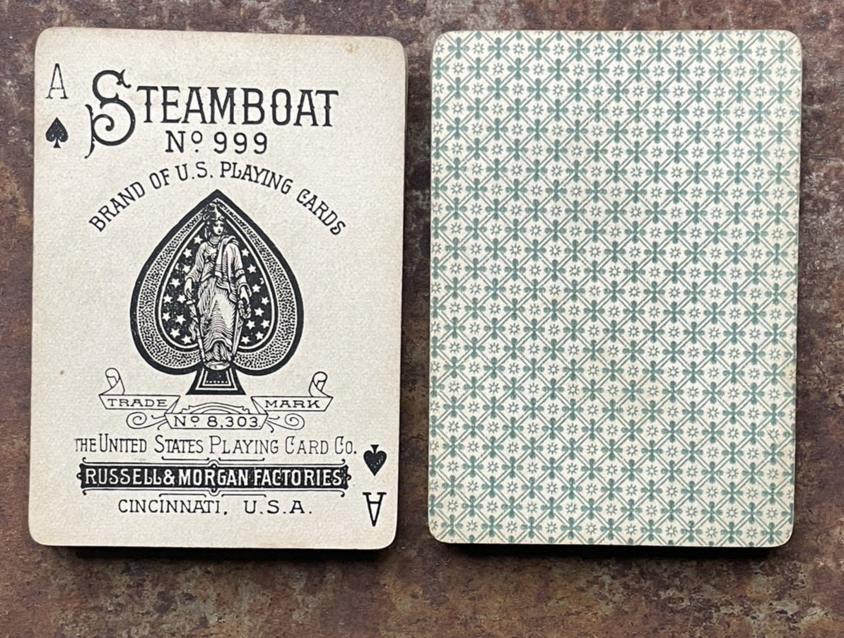 Antique c1890s US Playing Card Co Steamboat Playing Cards, 52/52 no J Green Star