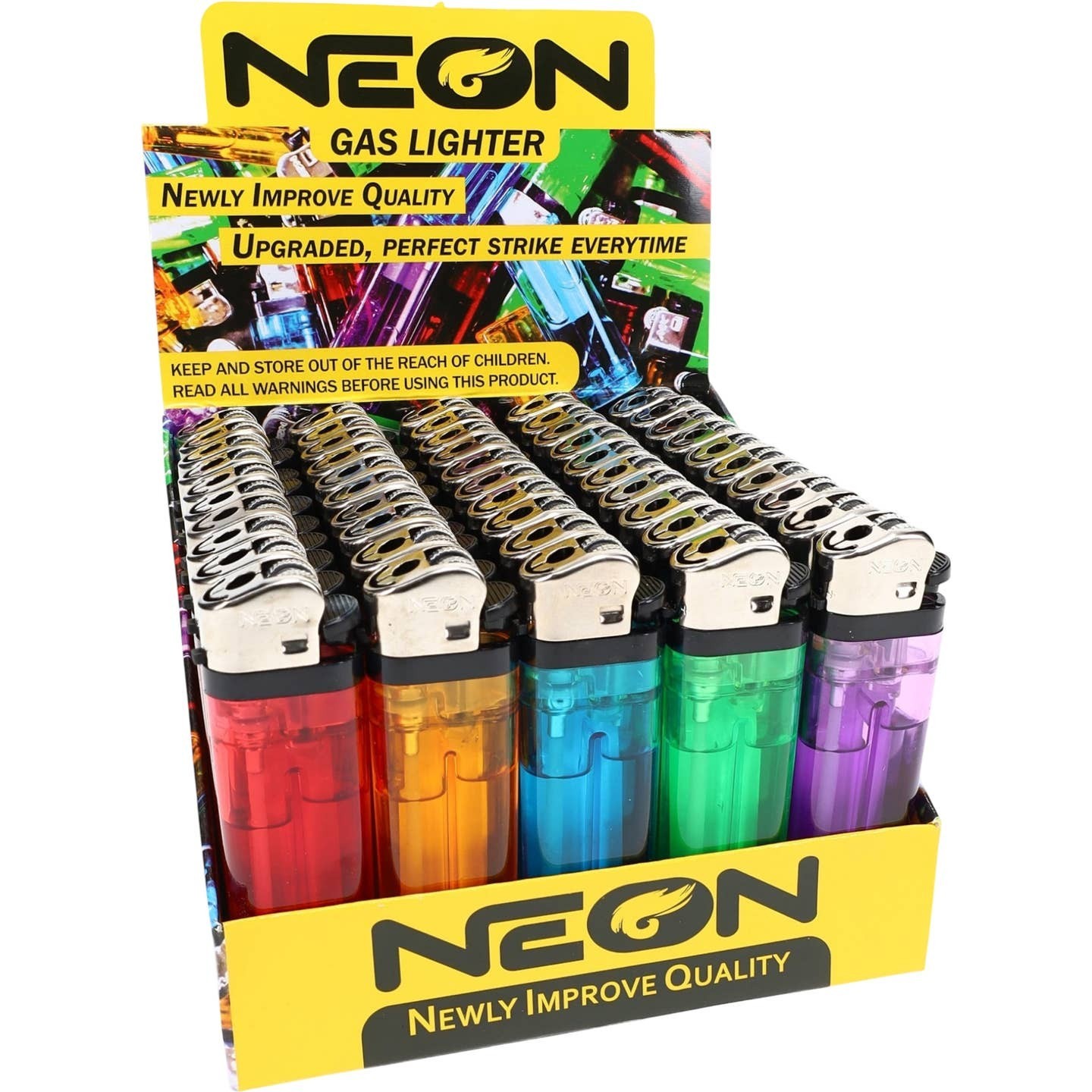 NEON Gas Lighter 50 Pack Assorted Colors Disposable Lighters Display Box