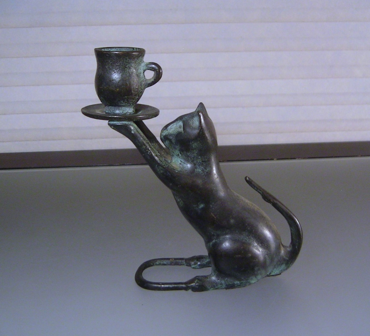Vintage Bronze Cat Holding Cup Figure Candle Holder