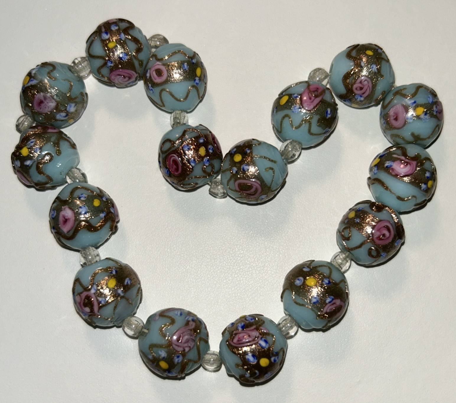 16 Antique 1920s Murano Venetian Wedding Cake Glass Beads, Fiorato Aventurine