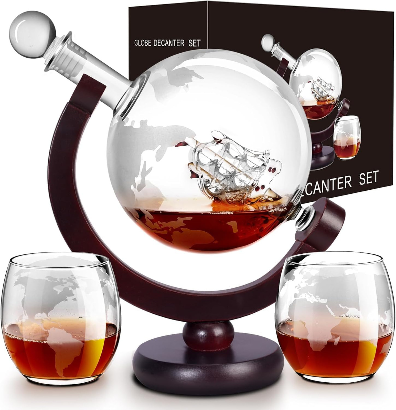 Whiskey Decanter Set Globe with Etched Globe and Ship for Men 850ml Liquor Gift