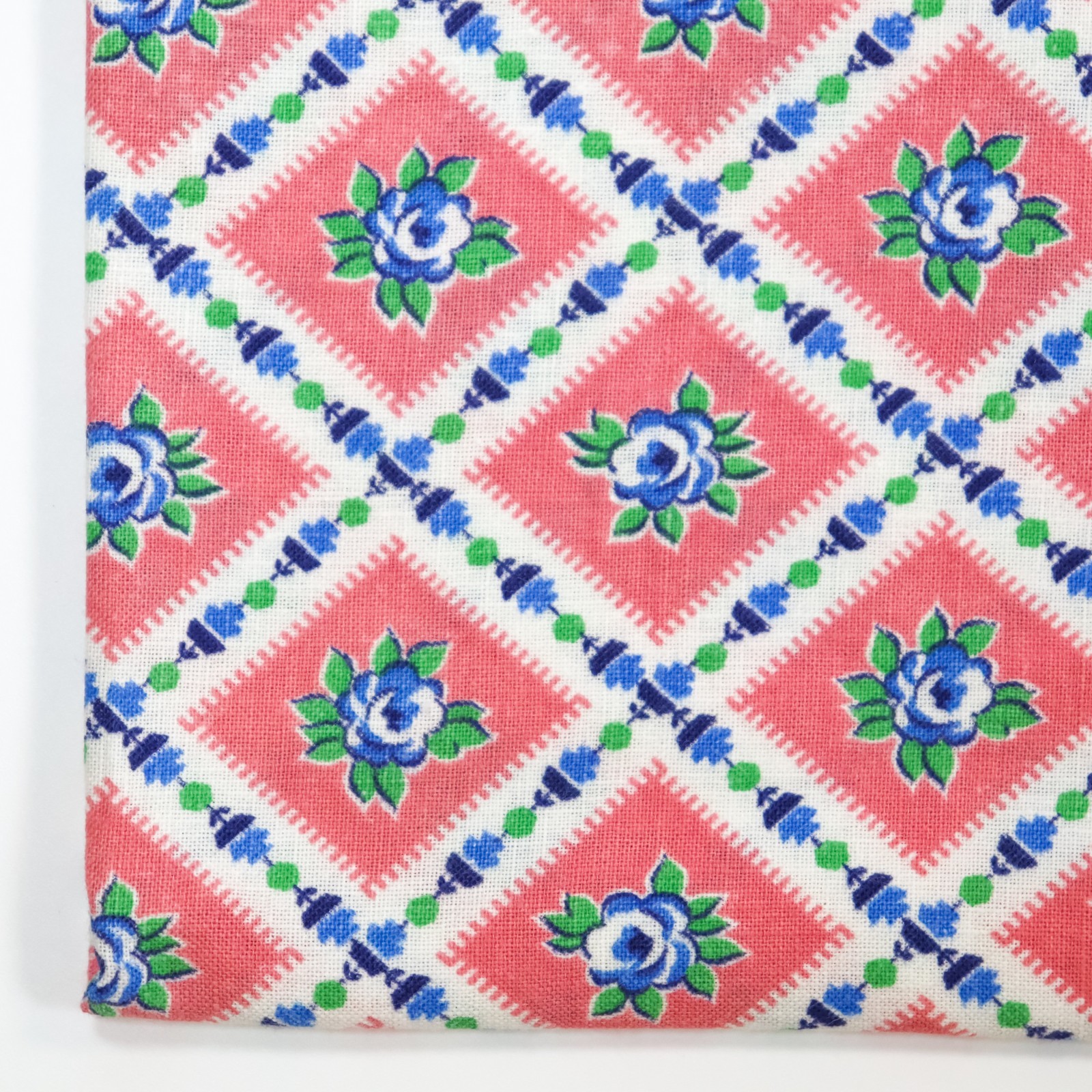Vintage Feedsack Fabric 1940s Old Pink White Blue Roses Floral Gingham 18x23